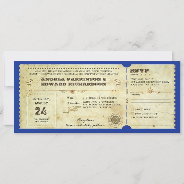 wedding vintage ticket invitation with rsvp design (Front)