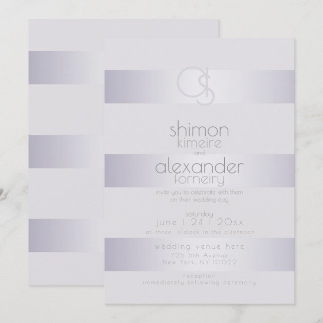 Wedding | Violet-Silver  Shimmer Stripe Monogram3 Invitation (Front/Back)