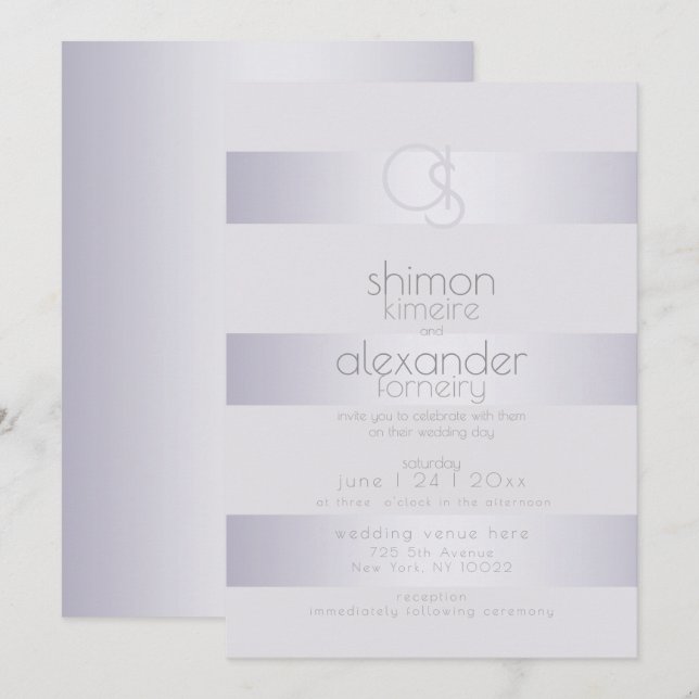 Wedding | Violet-Silver  Shimmer Stripe Monogram Invitation (Front/Back)