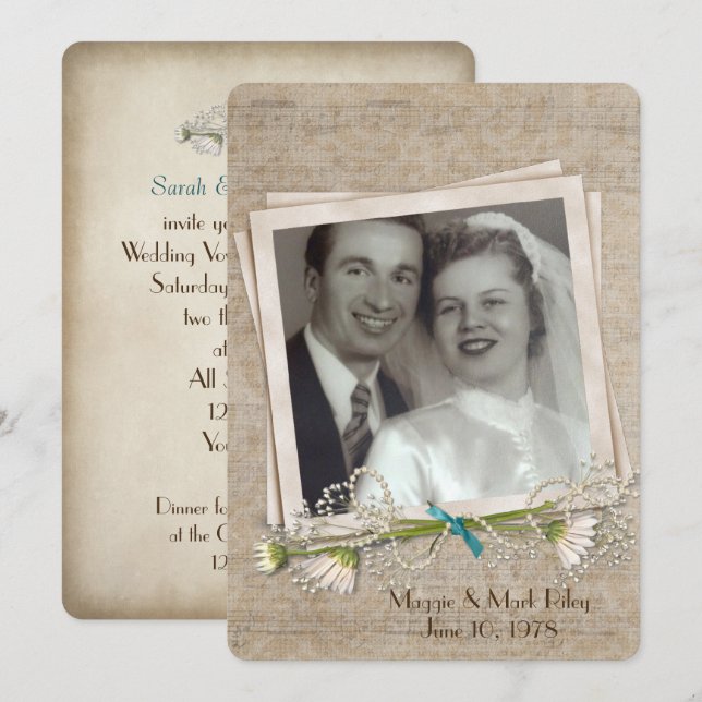 wedding vow renewal old photo frame and daisy invitation (Front/Back)