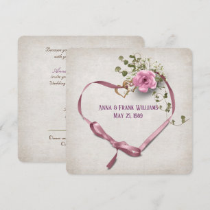 wedding vow renewal-pink ribbon heart with rings invitation