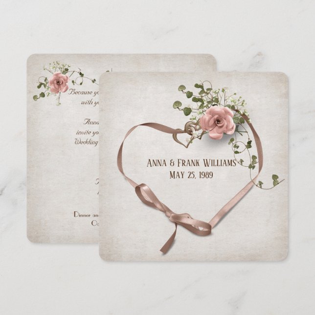 wedding vow renewal-ribbon heart with rings invitation (Front/Back)