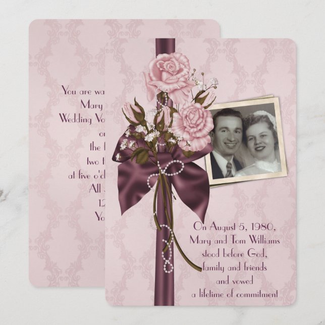 wedding vow renewal-rose and damask with photo invitation (Front/Back)