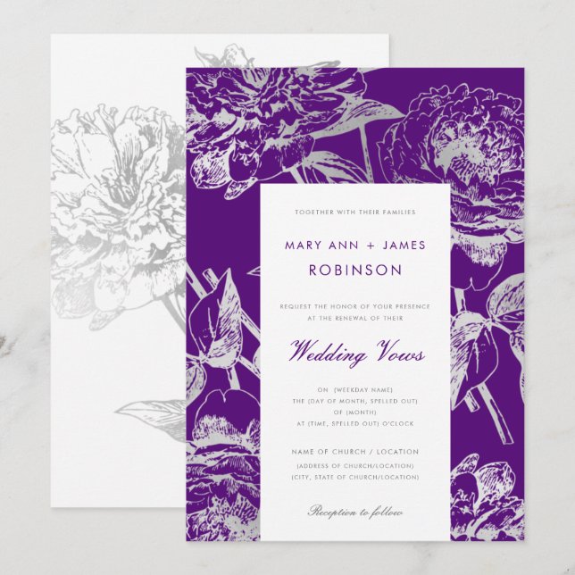 Wedding Vow Renewal Simple Floral Silver Purple Invitation (Front/Back)
