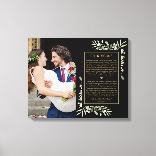 Wedding Vows Black And Gold Greenery Photo  Canvas Print (Front)