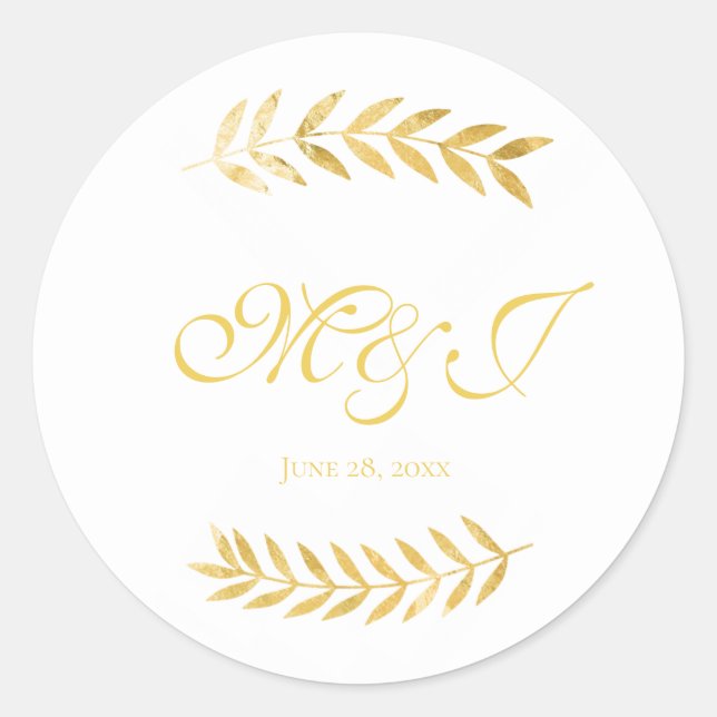 Wedding Warm Golden Leaves Initials with Date Classic Round Sticker (Front)
