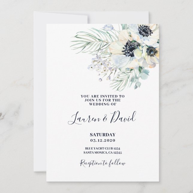 Wedding watercolor anemone floral invitation (Front)