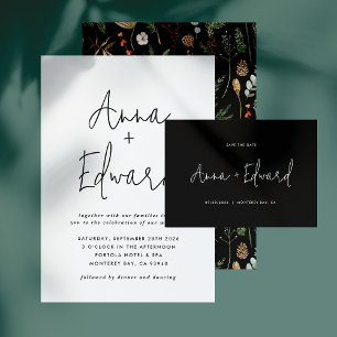  Wedding watercolor botanical floral black modern Invitation