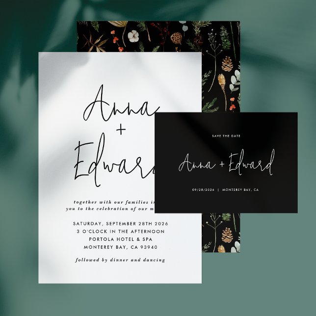  Wedding watercolor botanical floral black modern Invitation (Creator Uploaded)