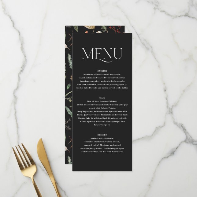  Wedding watercolor botanical floral black moody Menu (Front/Back In Situ)