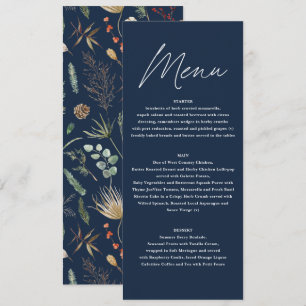 Wedding watercolor botanical floral navy blue Menu