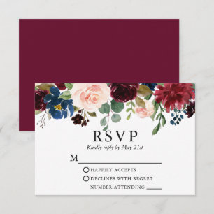 Wedding Watercolor Burgundy Blue Pink Floral RSVP 