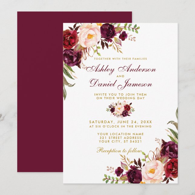 Wedding Watercolor Burgundy Floral Gold B Invitation (Front/Back)