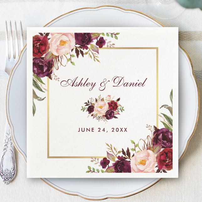 Wedding Watercolor Burgundy Floral Gold Napkin (Customize to change text size, style, color or to add more text.)