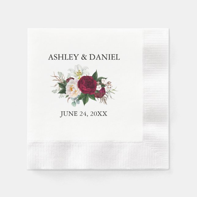 Wedding Watercolor Burgundy Floral Greenery Napkin (Front)