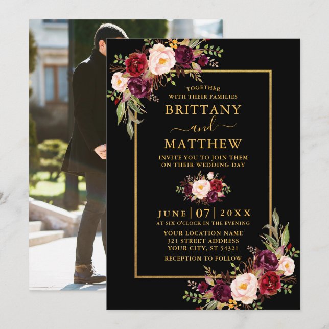 Wedding Watercolor Burgundy Floral Photo Black Invitation (Front/Back)