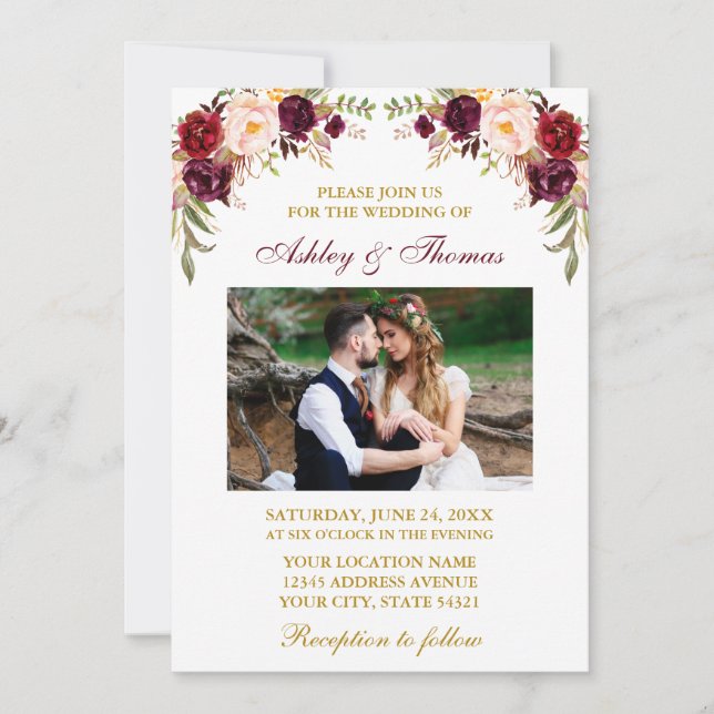 Wedding Watercolor Burgundy Floral Photo Gold Invitation (Front)