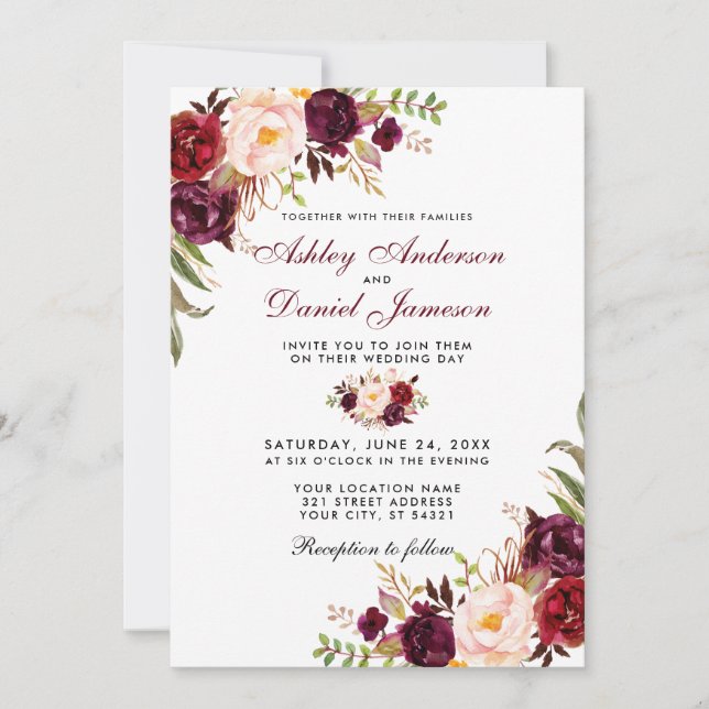 Wedding Watercolor Burgundy Floral W Invitation (Front)