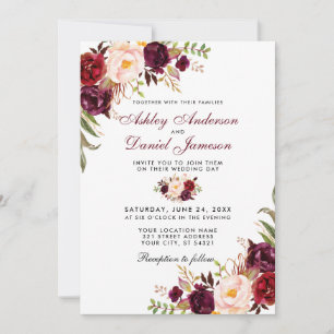 Wedding Watercolor Burgundy Floral W Invitation