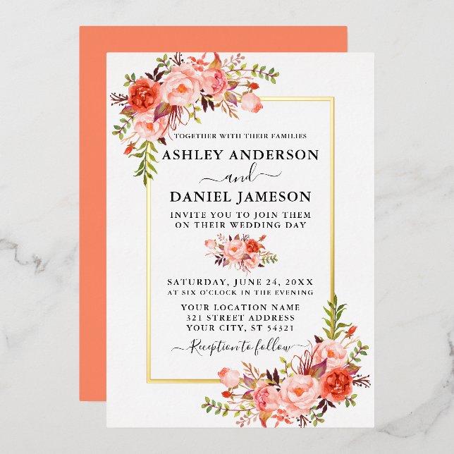Wedding Watercolor Coral Floral Gold (Front/Back)