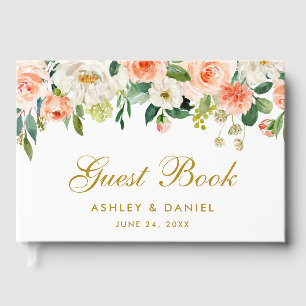 Wedding Watercolor Coral Floral Gold Guest Book