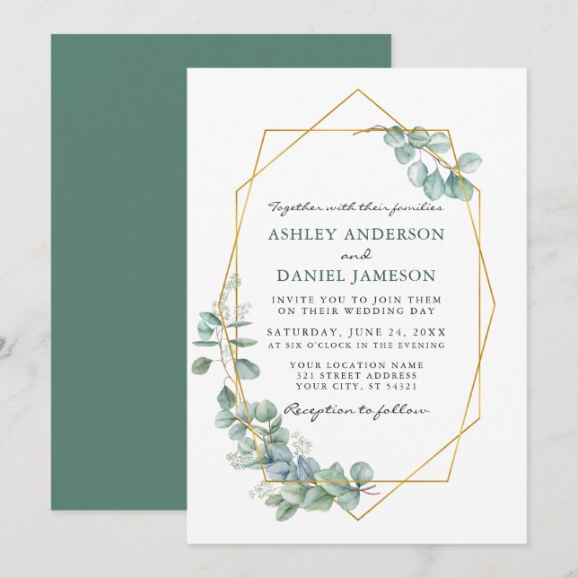 Wedding Watercolor Eucalyptus Greenery Gold Frame Invitation (Front/Back)