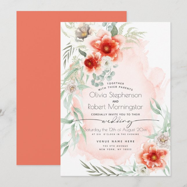 Wedding  | Watercolor Flame Scarlet Flowers Invitation (Front/Back)