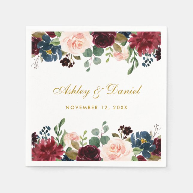 Wedding Watercolor Floral Burgundy Blue Gold Napkin (Front)