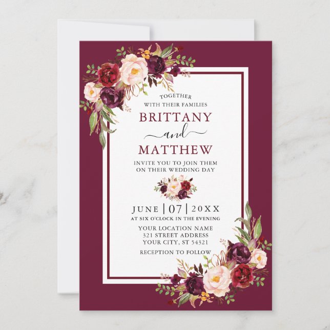 Wedding Watercolor Floral Burgundy Frame Invitation (Front)