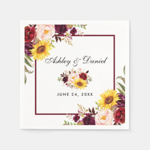 Wedding Watercolor Floral Burgundy Frame Napkin
