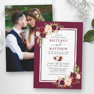 Wedding Watercolor Floral Burgundy Frame Photo Invitation