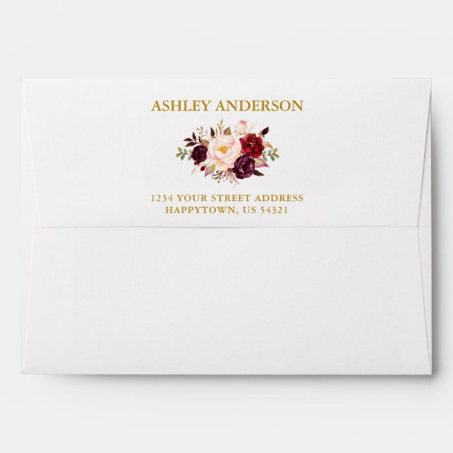 Wedding Watercolor Floral Burgundy Gold Envelope (Back (Top Flap))