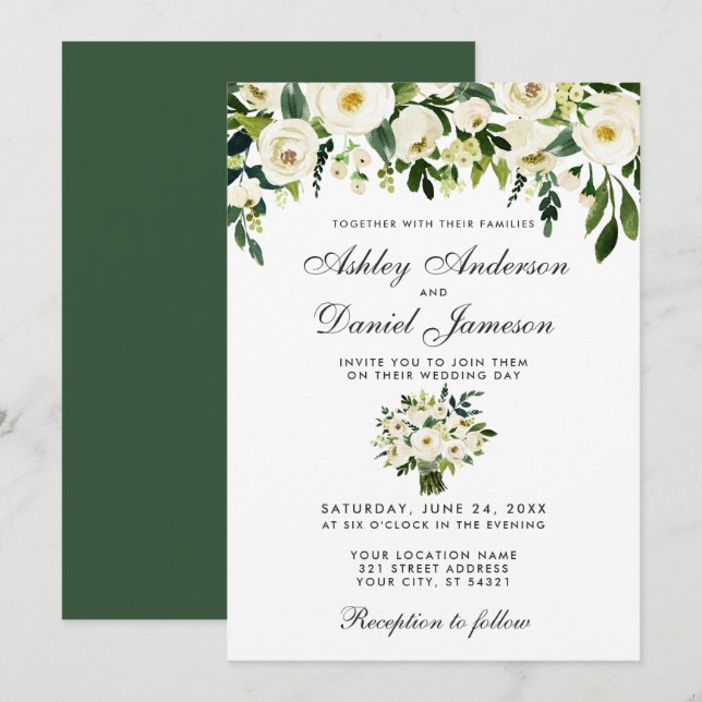 Wedding Watercolor Floral Green White Invitation G (Front/Back)