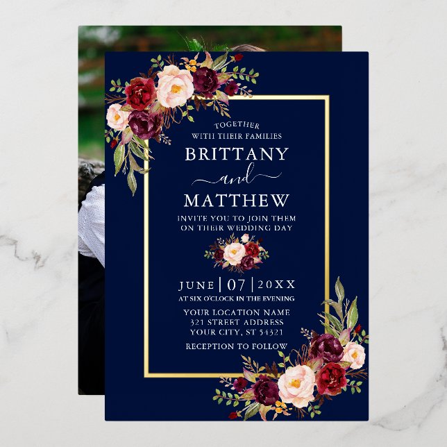 Wedding Watercolor Floral Photo Blue Gold (Front/Back)