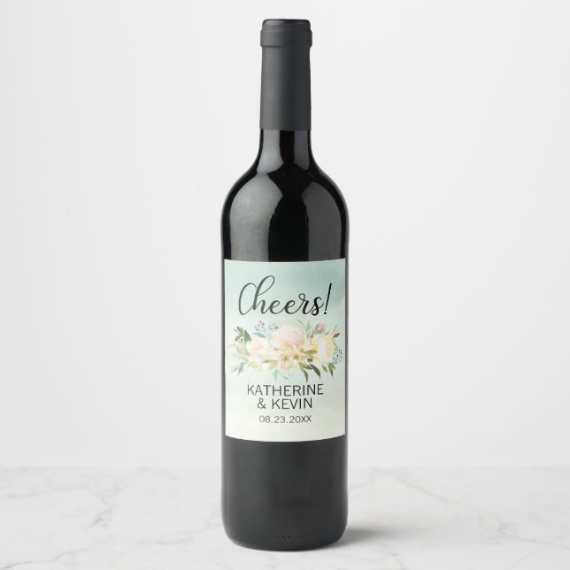 Wedding Watercolor Floral Pink Green CHEERS! Wine Label (Front)