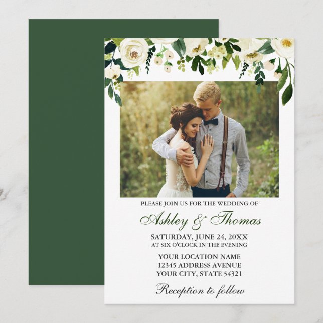 Wedding Watercolor Green White Floral Photo Invitation (Front/Back)