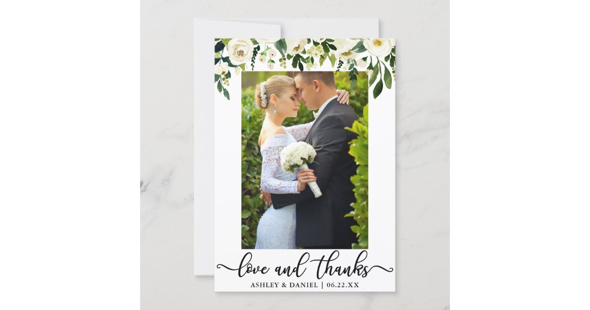 Wedding Watercolor Green White Floral Photo Thank You Card | Zazzle