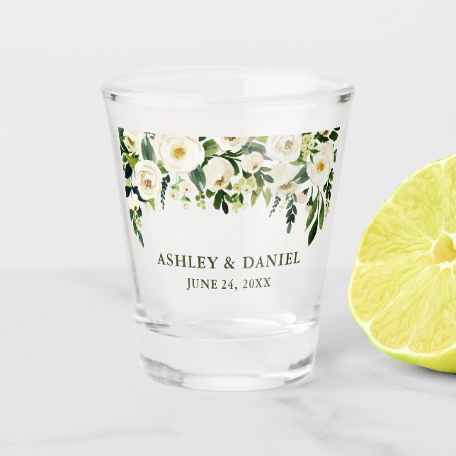 Wedding Watercolor Green White Floral Shot Glass (Front)