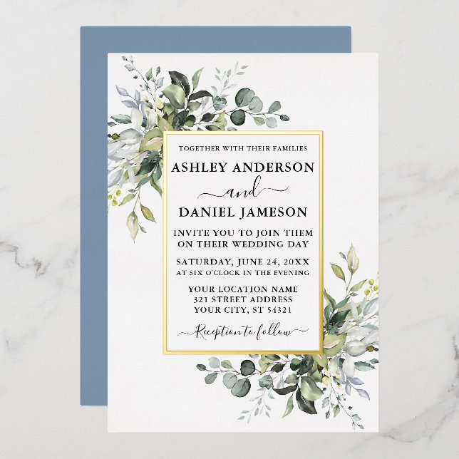 Wedding Watercolor Greenery Dusty Blue Gold (Front/Back)