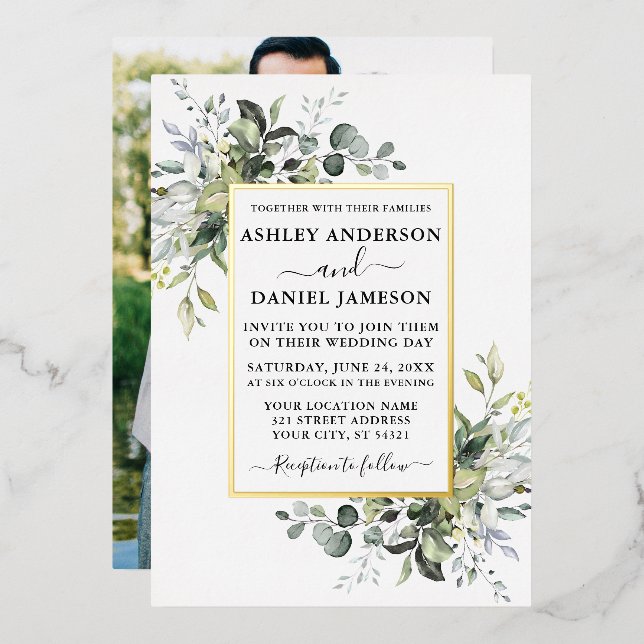 Wedding Watercolor Greenery Photo Gold (Front/Back)