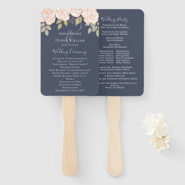Wedding Watercolor Greenery Wedding Program Hand Fan (Front and Back)