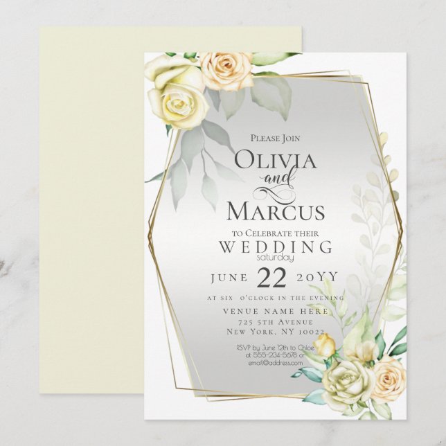 Wedding | Watercolor Ivory Yellow Blush Roses Invitation (Front/Back)