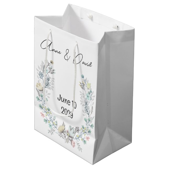 Wedding Watercolor Laurel with Names Medium Gift Bag (Front Angled)