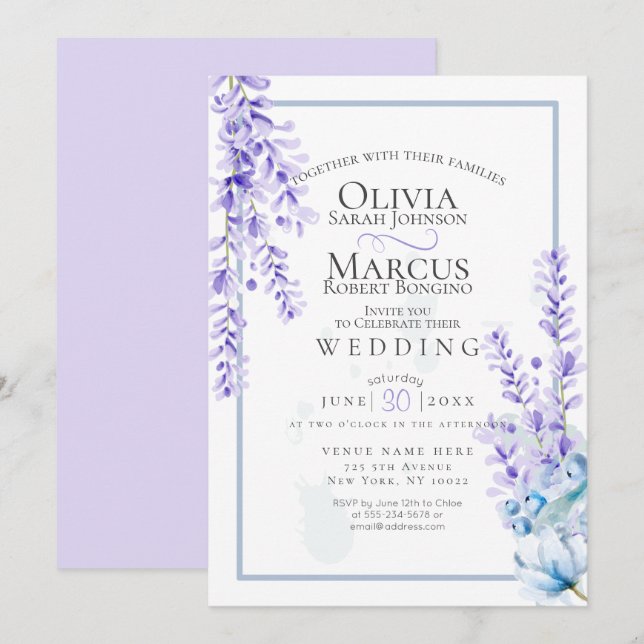Wedding | Watercolor Lavender - Dusty Blue Florals Invitation (Front/Back)