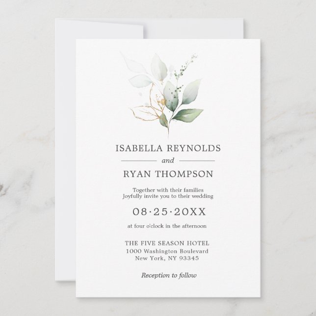 Wedding Watercolor Leaves Branches Gold Green Invi Invitation (Front)