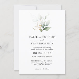 Wedding Watercolor Leaves Branches Gold Green Invi Invitation