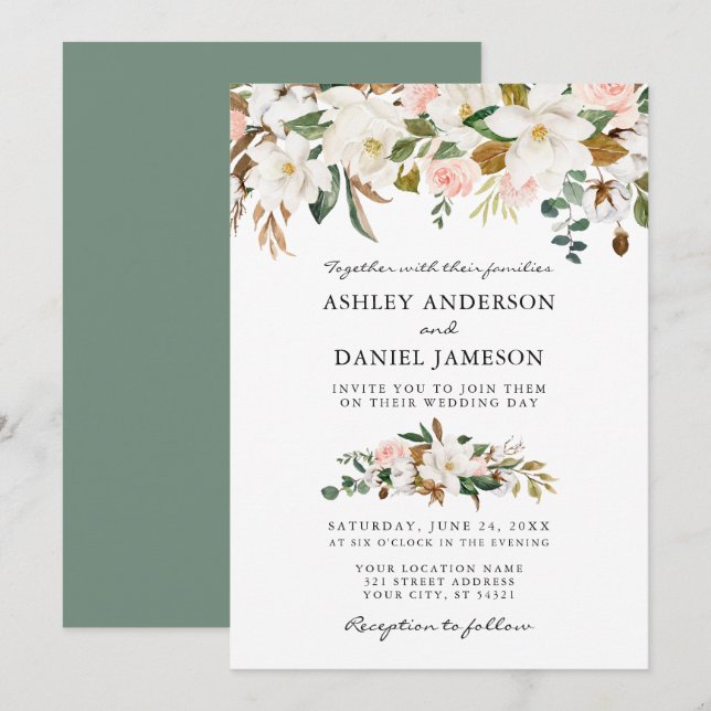 Wedding Watercolor Magnolias Roses Sage Green Invitation