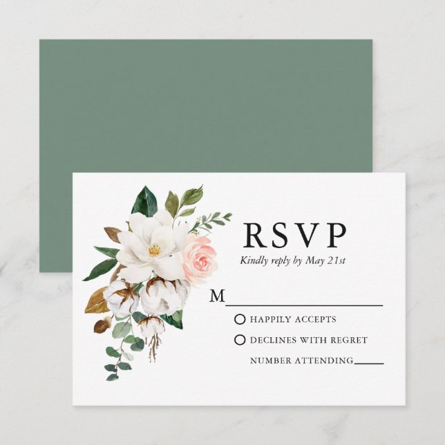 Wedding Watercolor Magnolias Roses Sage Green RSVP Card (Front/Back)