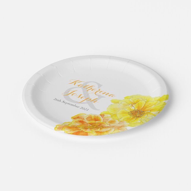 Wedding watercolor marigolds custom paper plate (Angled)