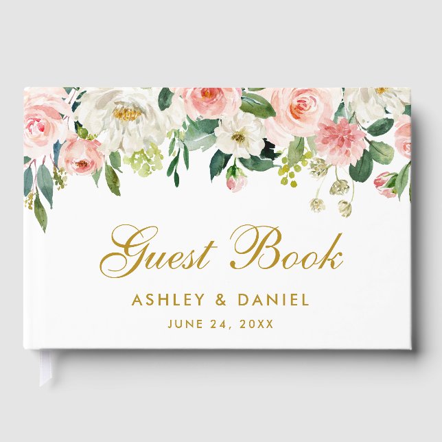 Wedding Watercolor Pink Blush Floral Gold Guest Book (Front)